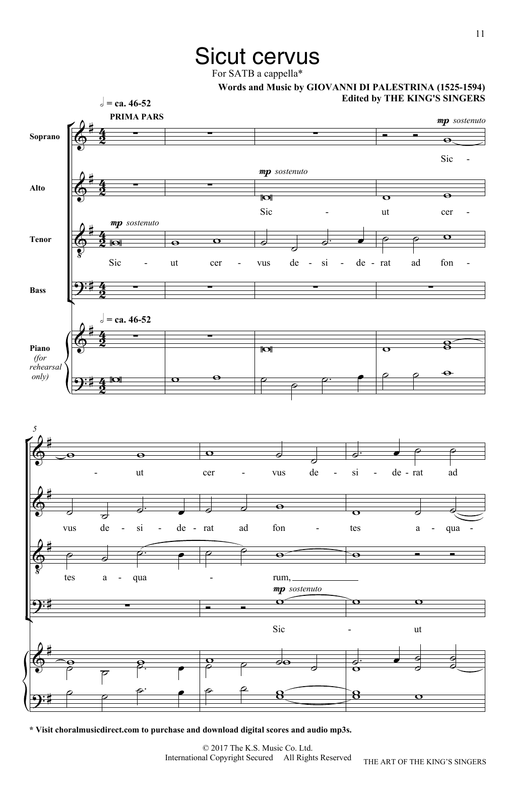 The King's Singers Sicut Cervus sheet music notes and chords arranged for SATB Choir