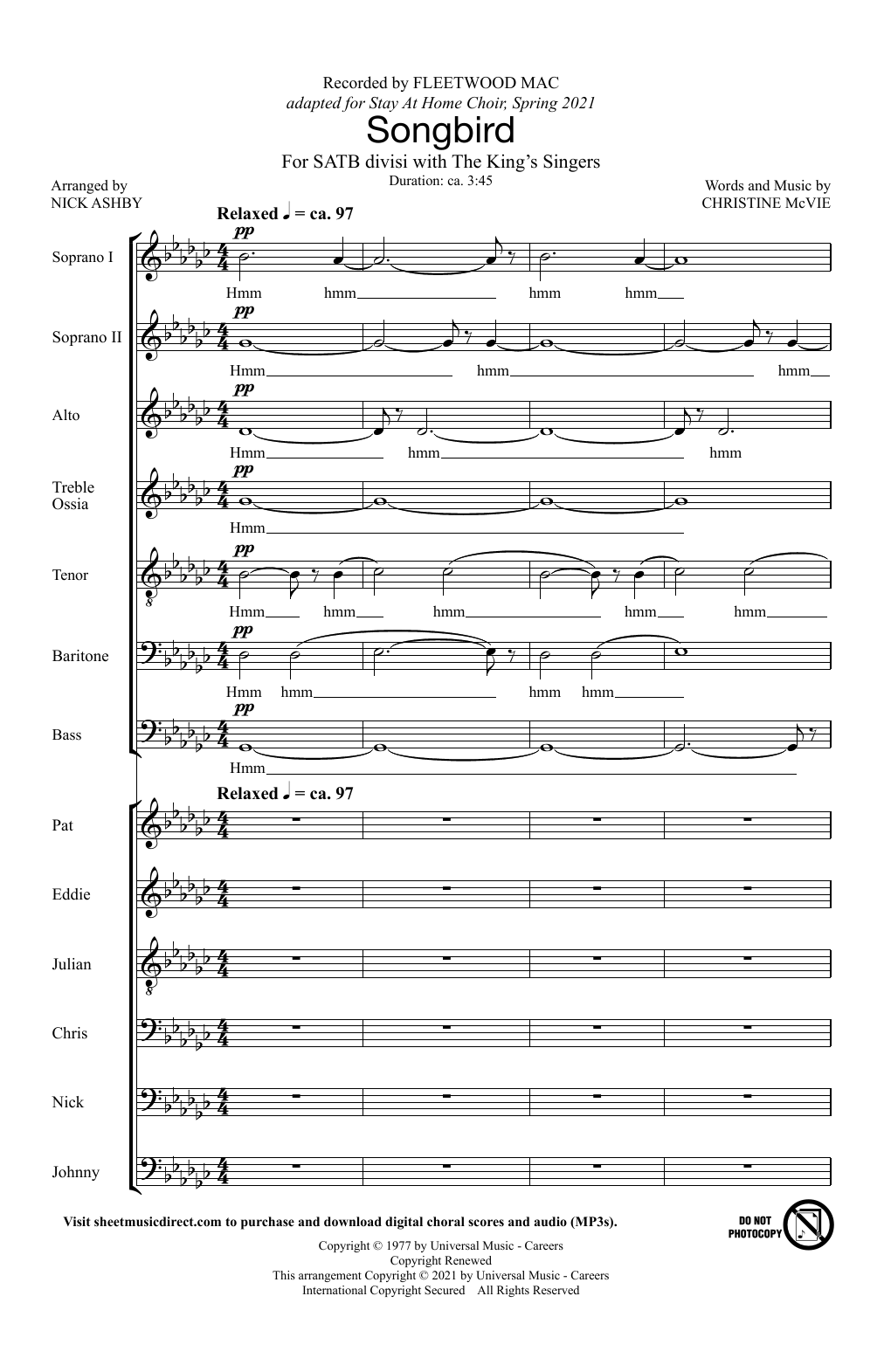 The King's Singers Songbird (arr. Nick Ashby) sheet music notes and chords arranged for SATB Choir