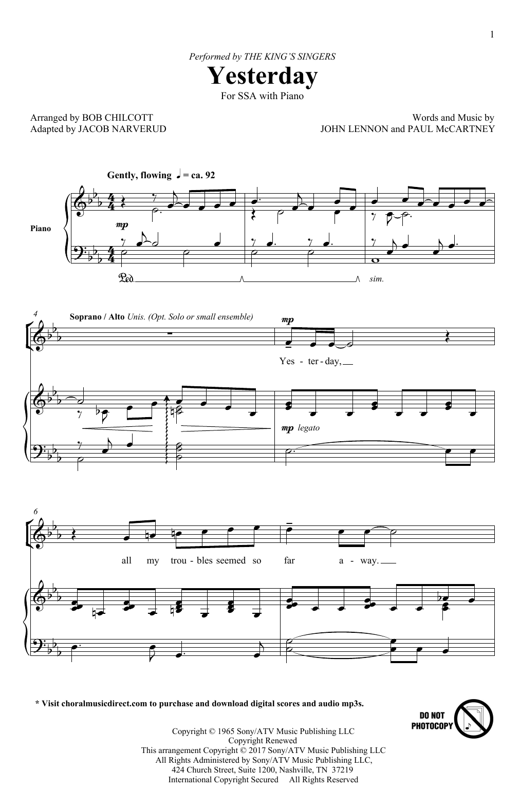 The King's Singers Yesterday (arr. Jacob Narverud) sheet music notes and chords arranged for SATB Choir