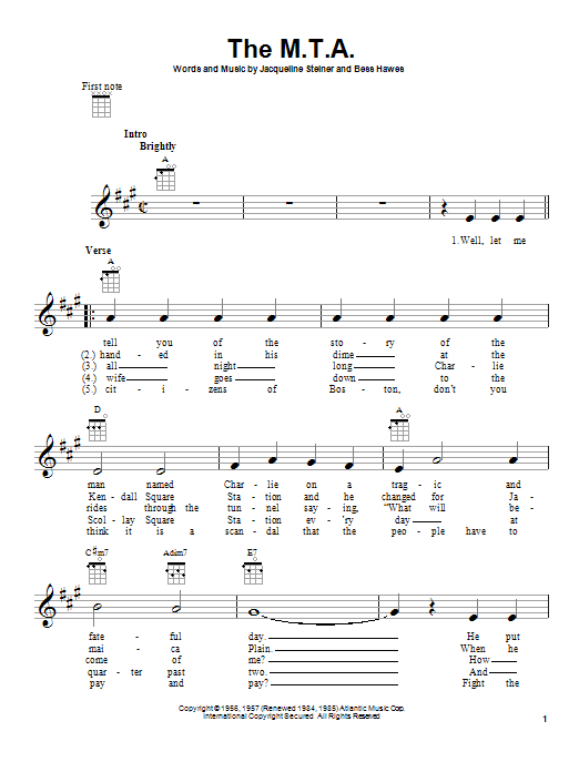 The Kingston Trio The M.T.A. sheet music notes and chords arranged for Ukulele