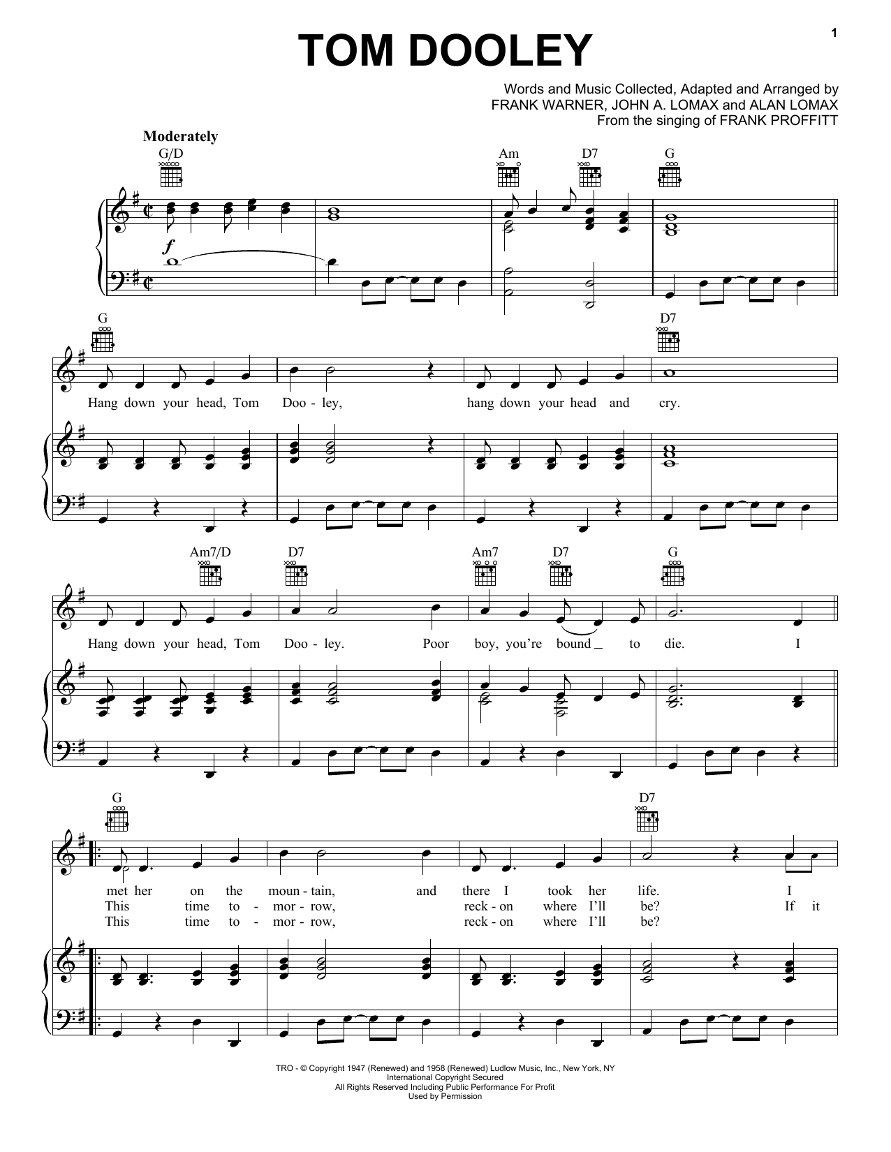 Kingston Trio Tom Dooley sheet music notes and chords arranged for Piano, Vocal & Guitar Chords (Right-Hand Melody)
