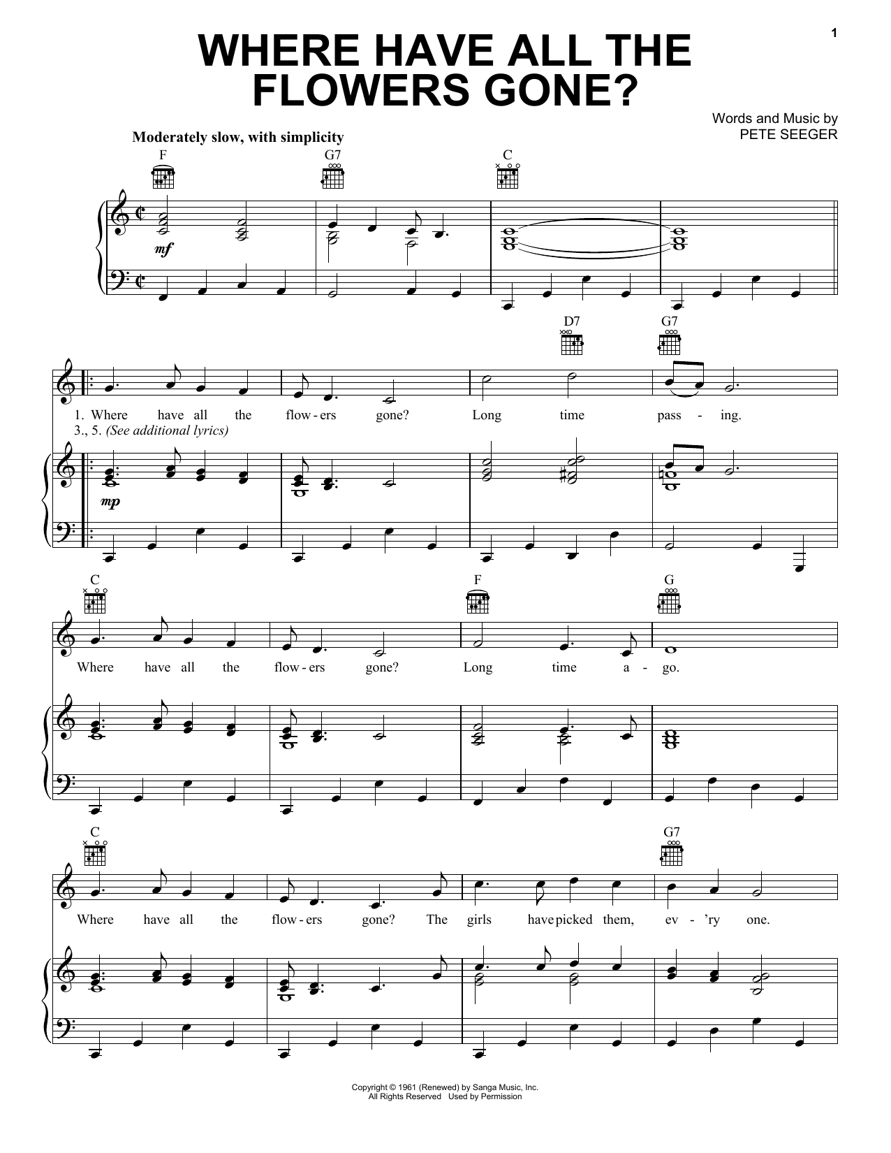 The Kingston Trio Where Have All The Flowers Gone? sheet music notes and chords arranged for Easy Guitar Tab