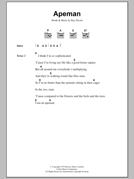 The Kinks Apeman sheet music notes and chords arranged for Guitar Chords/Lyrics