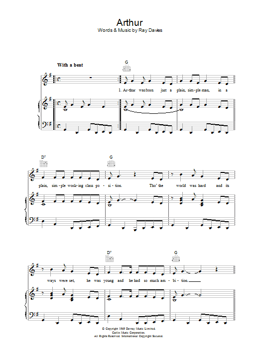 The Kinks Arthur sheet music notes and chords arranged for Piano, Vocal & Guitar Chords