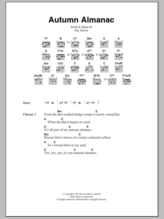 The Kinks Autumn Almanac sheet music notes and chords arranged for Guitar Chords/Lyrics