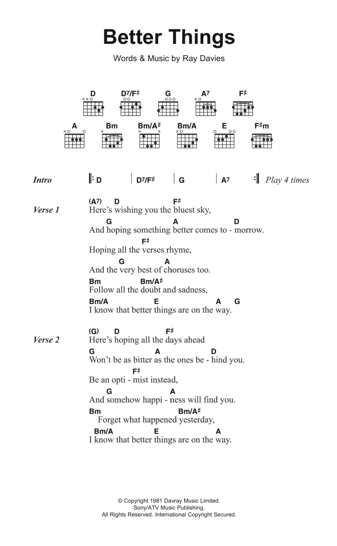 The Kinks Better Things sheet music notes and chords arranged for Guitar Chords/Lyrics