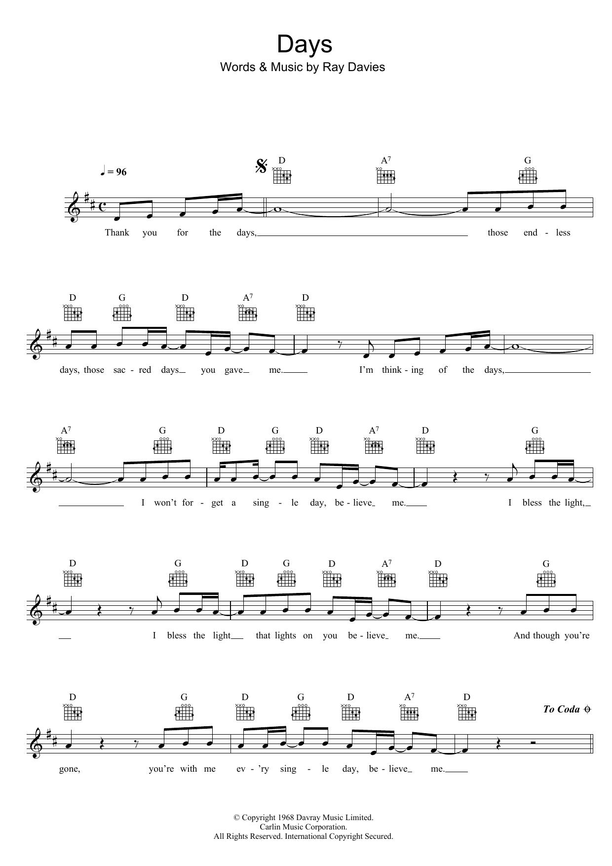The Kinks Days sheet music notes and chords arranged for Ukulele Chords/Lyrics