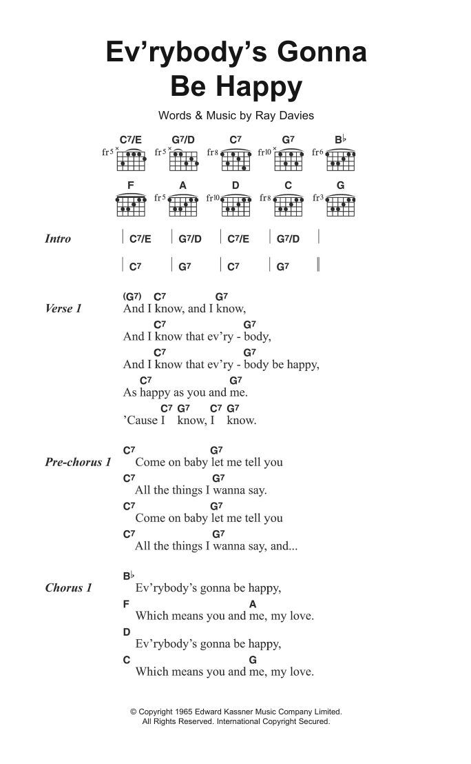 The Kinks Ev'rybody's Gonna Be Happy sheet music notes and chords arranged for Guitar Chords/Lyrics