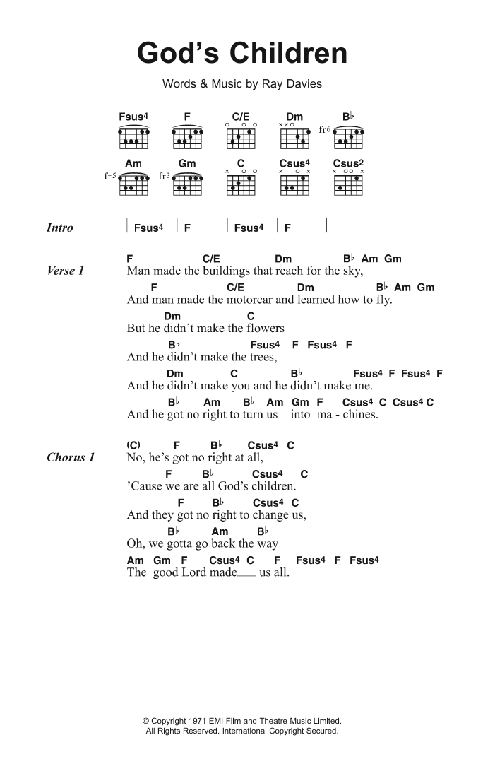 The Kinks God's Children sheet music notes and chords arranged for Guitar Chords/Lyrics