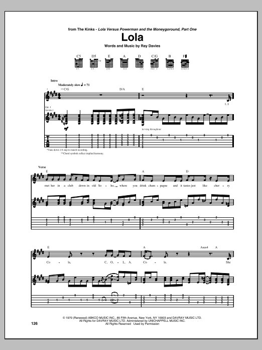 The Kinks Lola sheet music notes and chords arranged for Piano, Vocal & Guitar Chords (Right-Hand Melody)