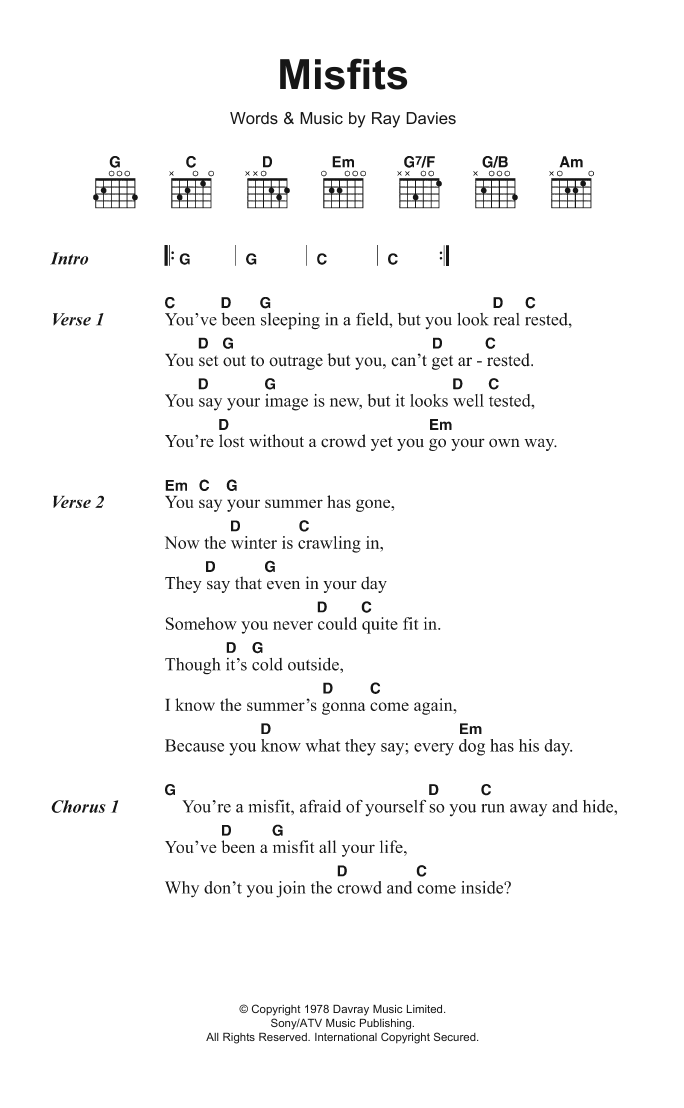 The Kinks Misfits sheet music notes and chords arranged for Guitar Chords/Lyrics