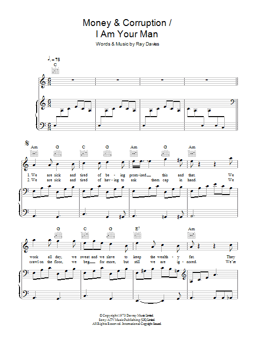 The Kinks Money & Corruption / I Am Your Man sheet music notes and chords arranged for Piano, Vocal & Guitar Chords
