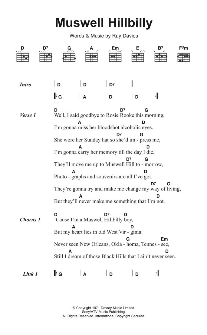 The Kinks Muswell Hillbilly sheet music notes and chords arranged for Guitar Chords/Lyrics