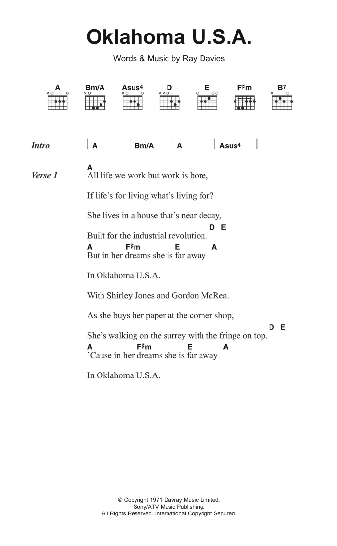 The Kinks Oklahoma U.S.A sheet music notes and chords arranged for Guitar Chords/Lyrics