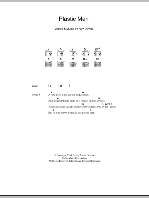 The Kinks Plastic Man sheet music notes and chords arranged for Guitar Chords/Lyrics