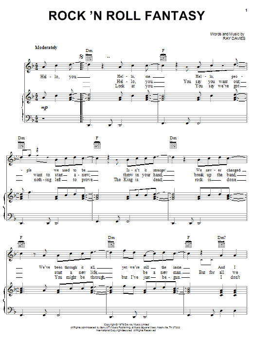 The Kinks Rock 'N Roll Fantasy sheet music notes and chords arranged for Piano, Vocal & Guitar Chords (Right-Hand Melody)