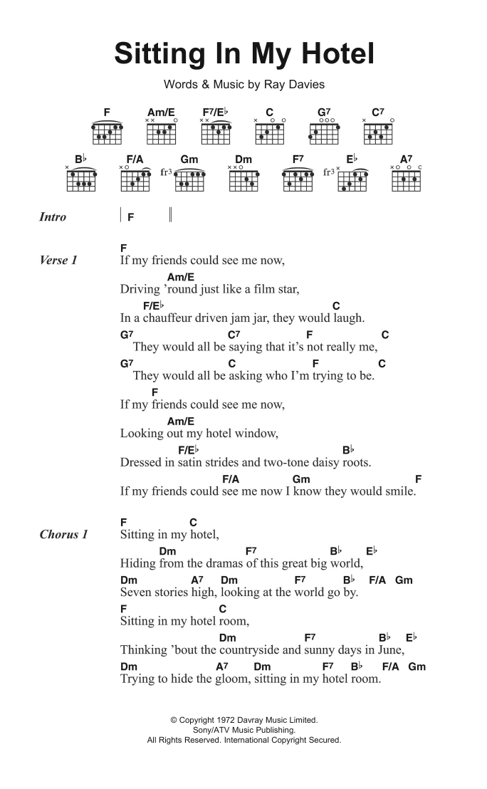 The Kinks Sitting In My Hotel sheet music notes and chords arranged for Guitar Chords/Lyrics