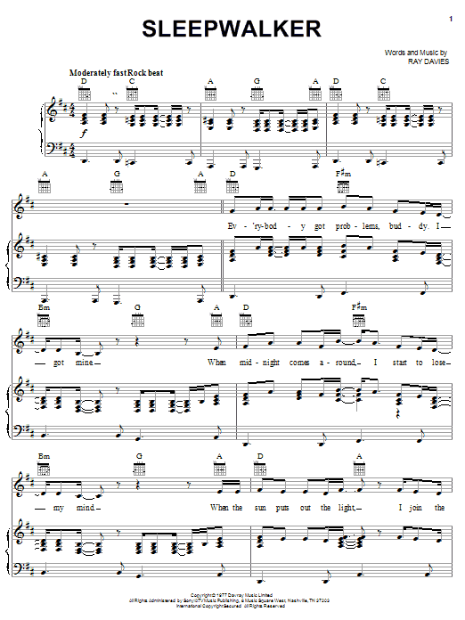 The Kinks Sleepwalker sheet music notes and chords arranged for Piano, Vocal & Guitar Chords (Right-Hand Melody)
