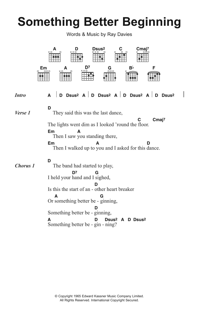 The Kinks Something Better Beginning sheet music notes and chords arranged for Guitar Chords/Lyrics