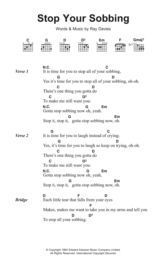 The Kinks Stop Your Sobbing sheet music notes and chords arranged for Guitar Chords/Lyrics