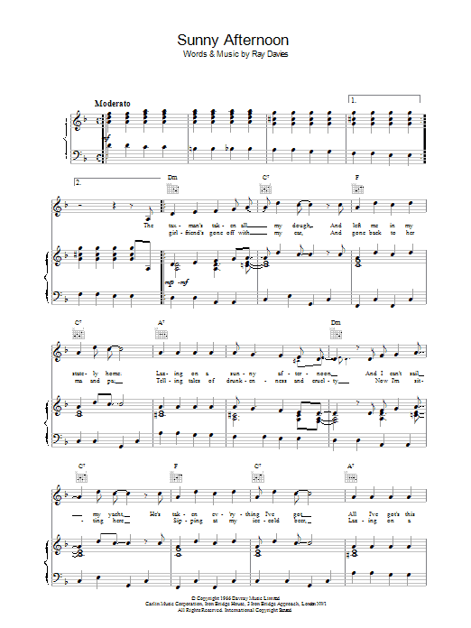 The Kinks Sunny Afternon sheet music notes and chords arranged for Piano, Vocal & Guitar Chords