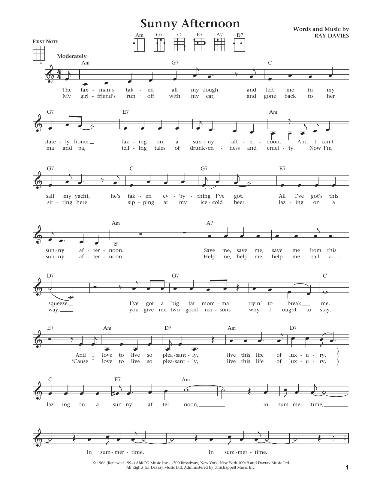 The Kinks Sunny Afternoon (from The Daily Ukulele) (arr. Liz and Jim Beloff) sheet music notes and chords arranged for Ukulele