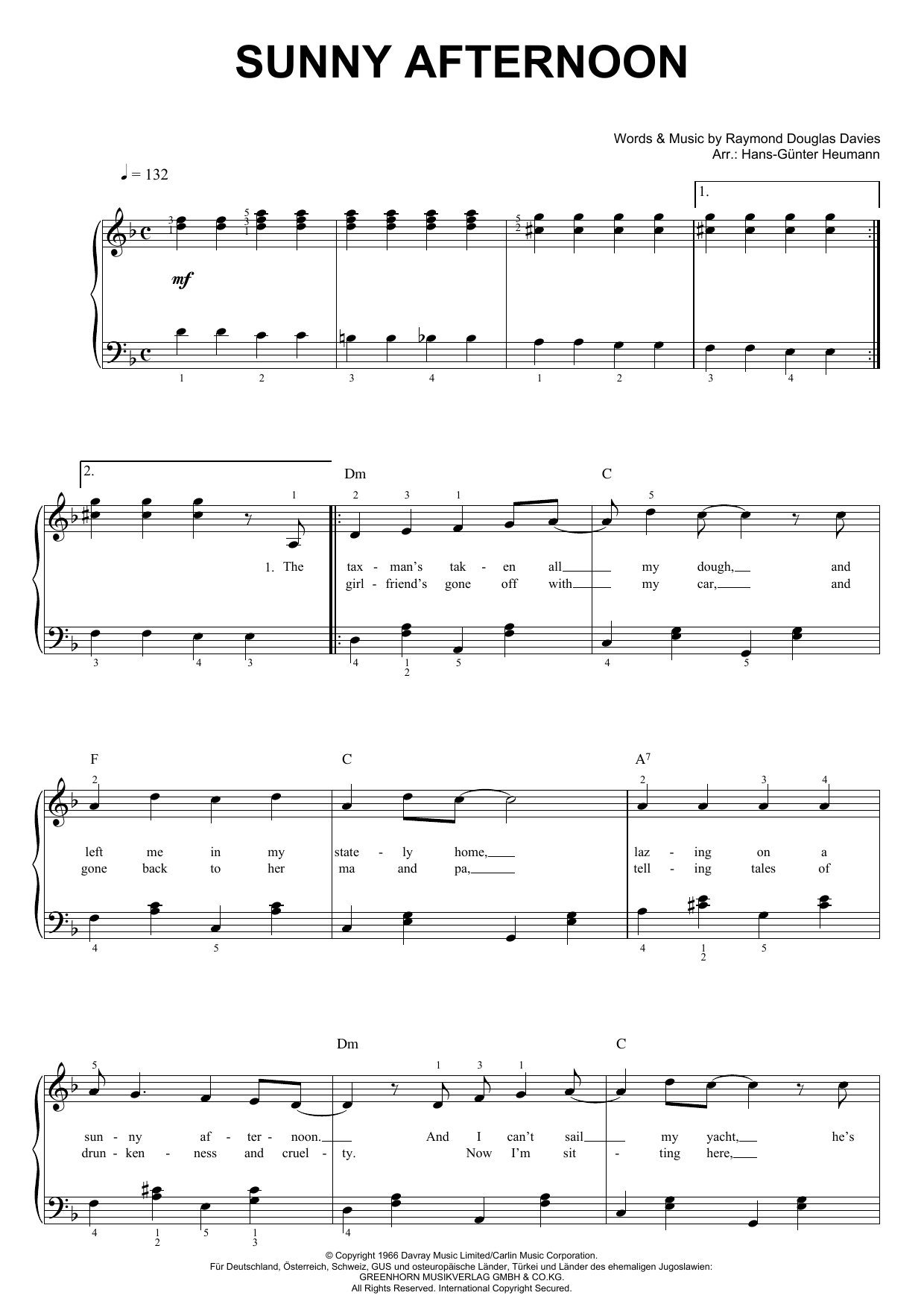 The Kinks Sunny Afternoon sheet music notes and chords arranged for Piano & Vocal