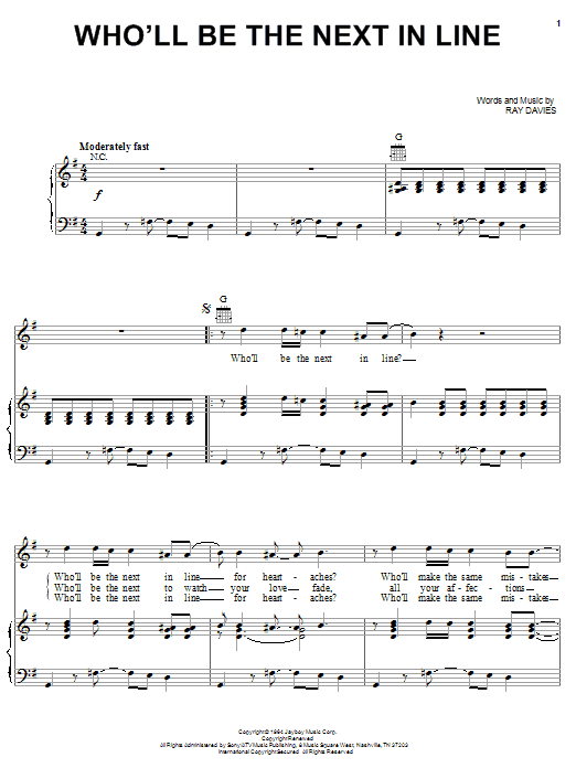 The Kinks Who'll Be The Next In Line sheet music notes and chords arranged for Piano, Vocal & Guitar Chords (Right-Hand Melody)