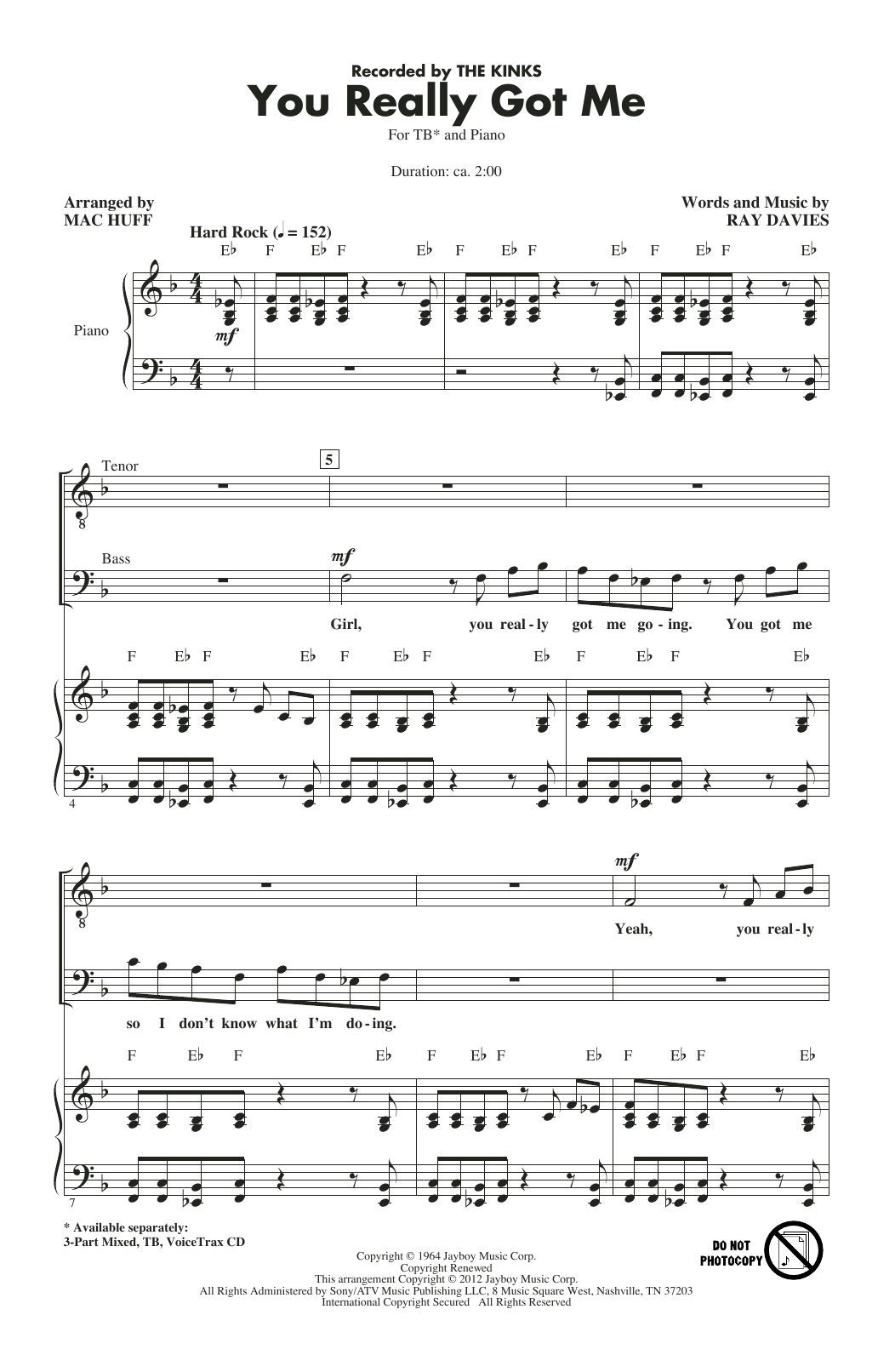 The Kinks You Really Got Me (arr. Mac Huff) sheet music notes and chords arranged for TB Choir
