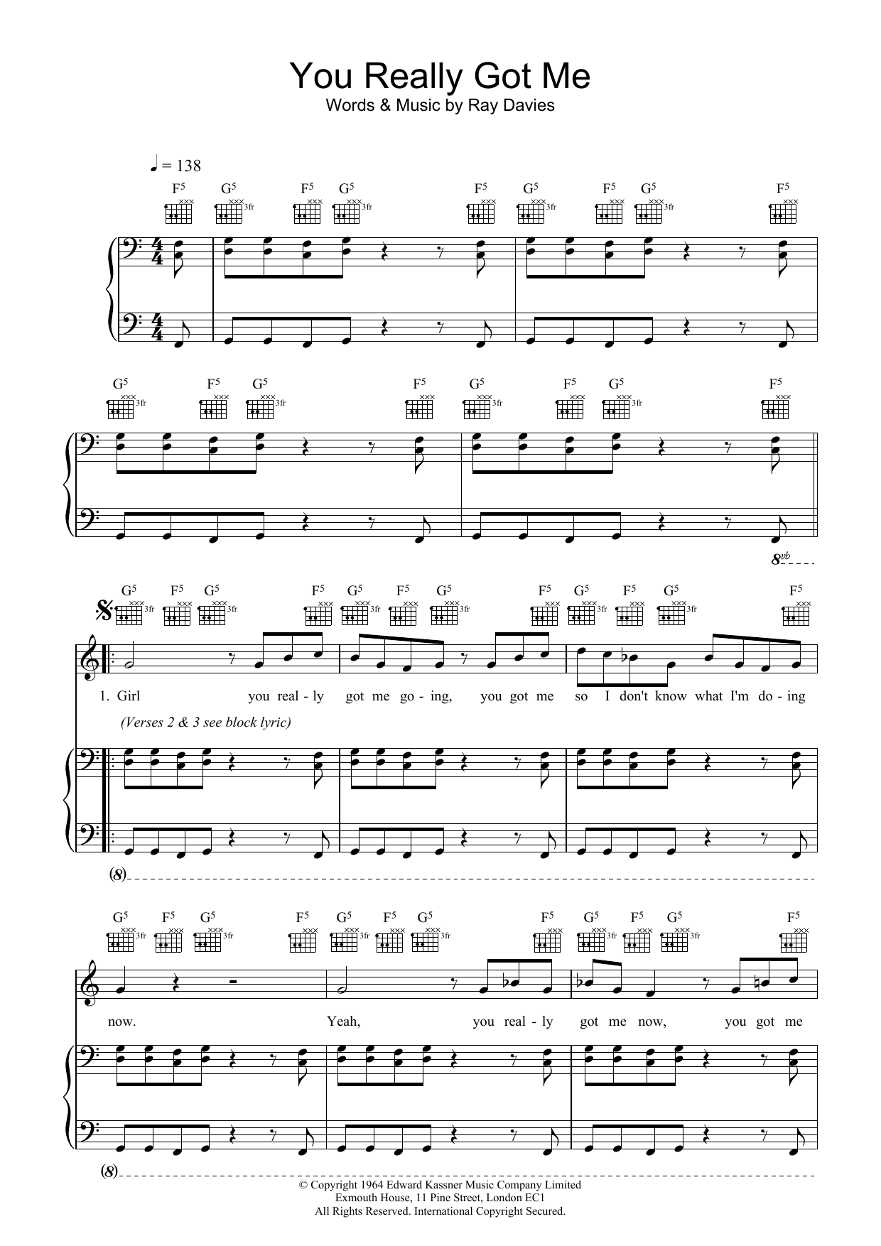 The Kinks You Really Got Me sheet music notes and chords arranged for Piano Chords/Lyrics