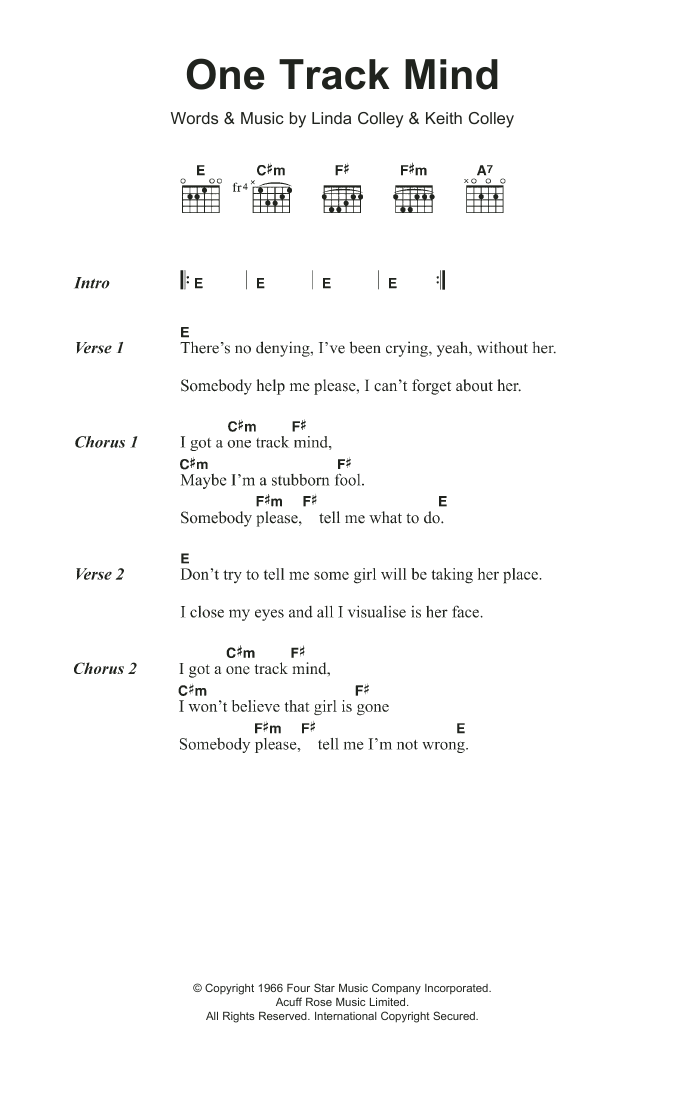 The Knickerbockers One Track Mind sheet music notes and chords arranged for Guitar Chords/Lyrics