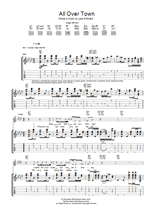 The Kooks All Over Town sheet music notes and chords arranged for Guitar Tab
