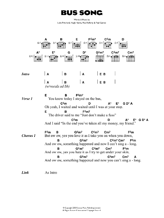 The Kooks Bus Song sheet music notes and chords arranged for Guitar Chords/Lyrics