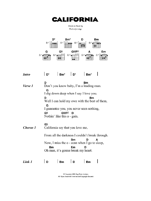 The Kooks California sheet music notes and chords arranged for Guitar Chords/Lyrics