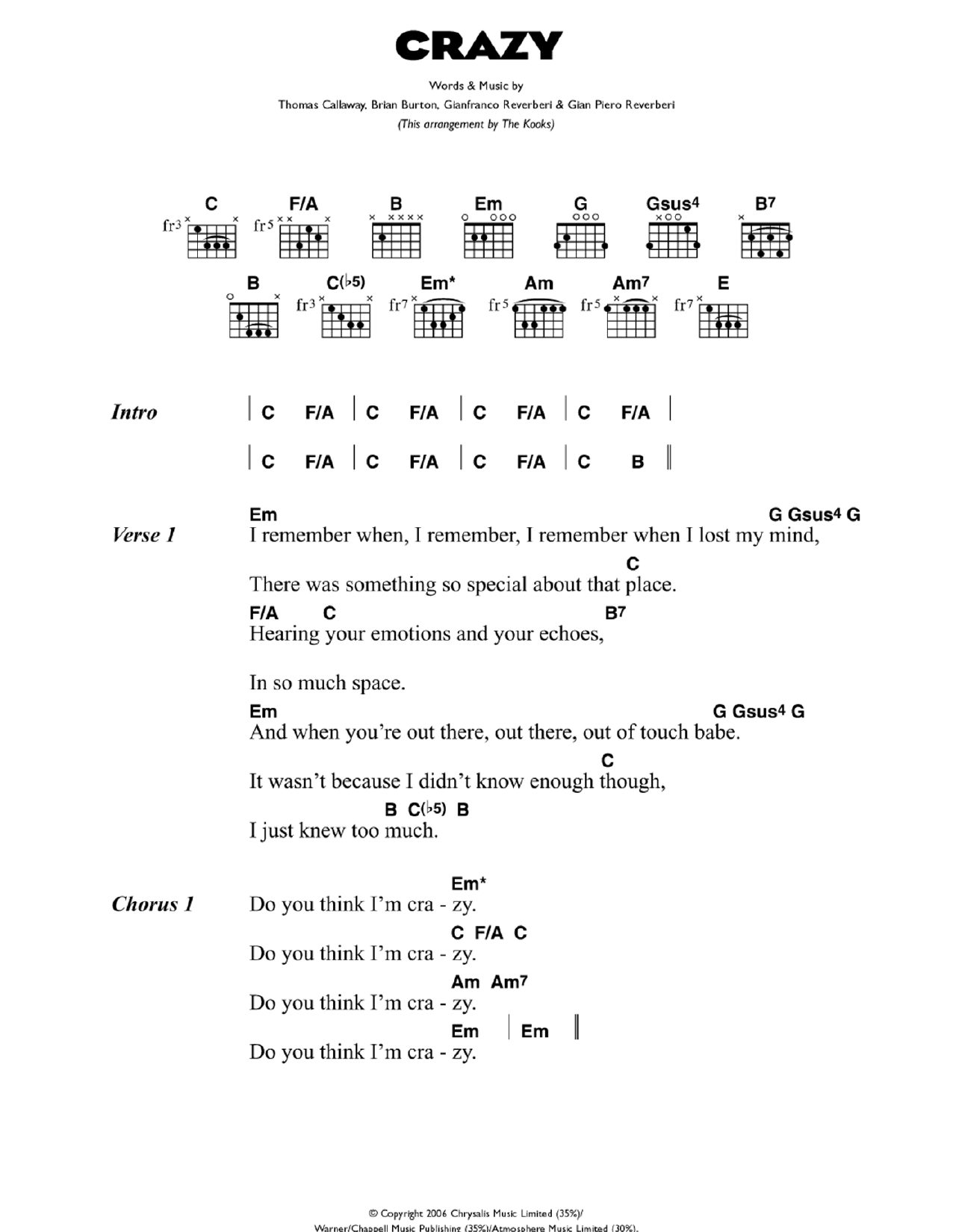 Gnarls Barkley Crazy sheet music notes and chords arranged for Guitar Chords/Lyrics