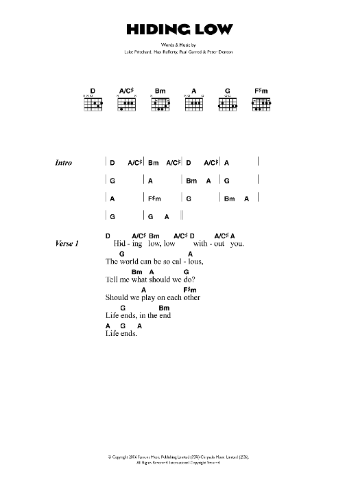 The Kooks Hiding Low sheet music notes and chords arranged for Guitar Chords/Lyrics