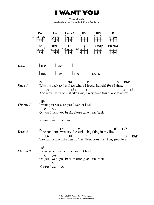 The Kooks I Want You sheet music notes and chords arranged for Guitar Chords/Lyrics
