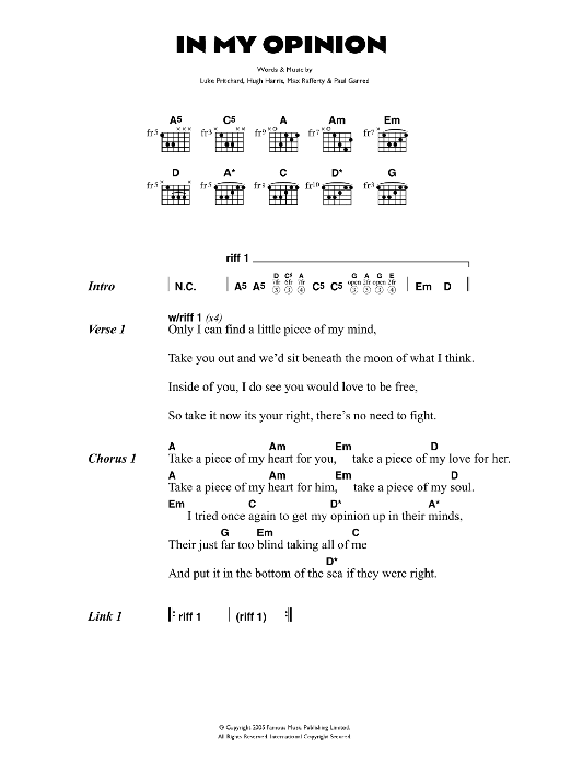 The Kooks In My Opinion sheet music notes and chords arranged for Guitar Chords/Lyrics