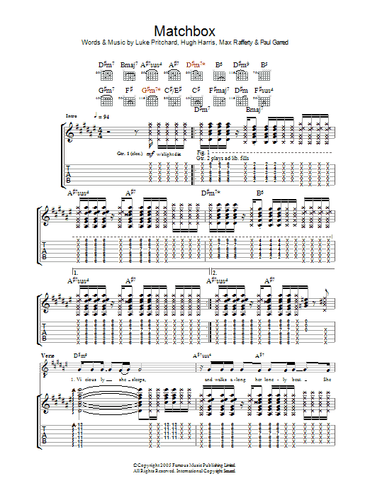 The Kooks Matchbox sheet music notes and chords arranged for Guitar Tab