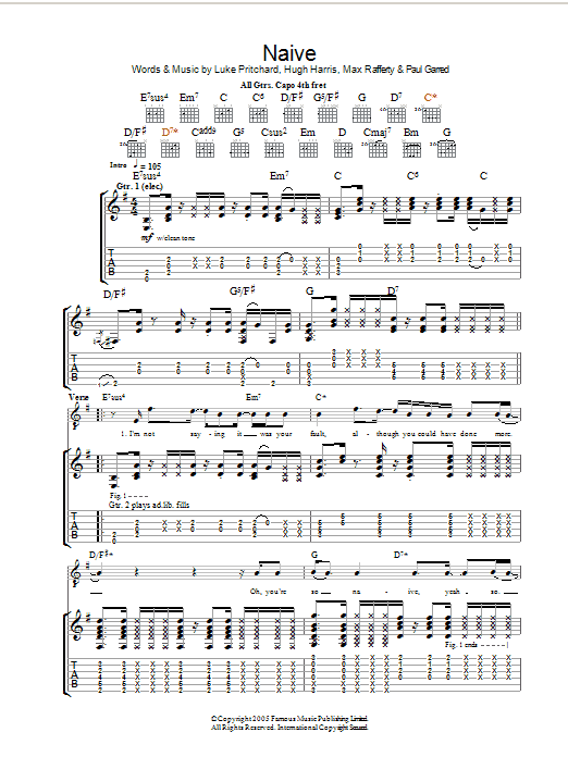 The Kooks Naive sheet music notes and chords arranged for Piano, Vocal & Guitar Chords (Right-Hand Melody)