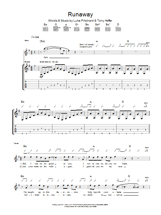 The Kooks Runaway sheet music notes and chords arranged for Guitar Tab