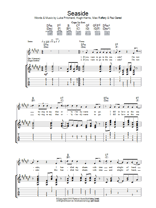 The Kooks Seaside sheet music notes and chords arranged for Guitar Tab
