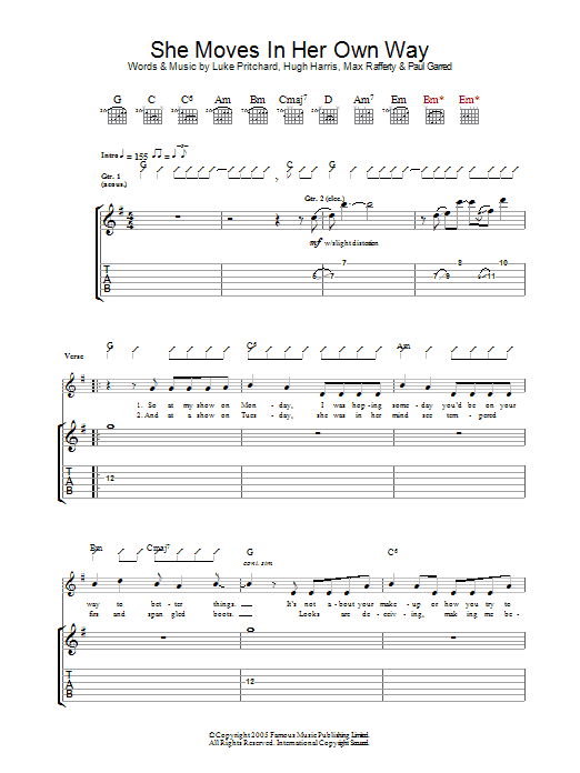 The Kooks She Moves In Her Own Way sheet music notes and chords arranged for Guitar Chords/Lyrics