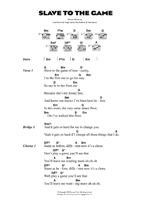 The Kooks Slave To The Game sheet music notes and chords arranged for Guitar Chords/Lyrics