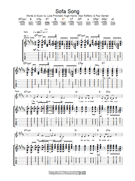 The Kooks Sofa Song sheet music notes and chords arranged for Guitar Tab