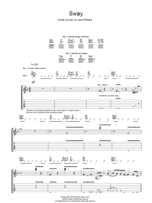The Kooks Sway sheet music notes and chords arranged for Guitar Tab