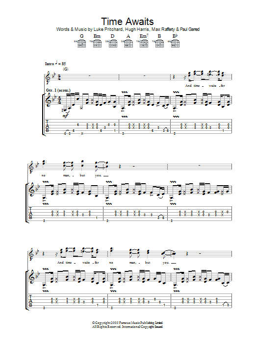 The Kooks Time Awaits sheet music notes and chords arranged for Guitar Tab