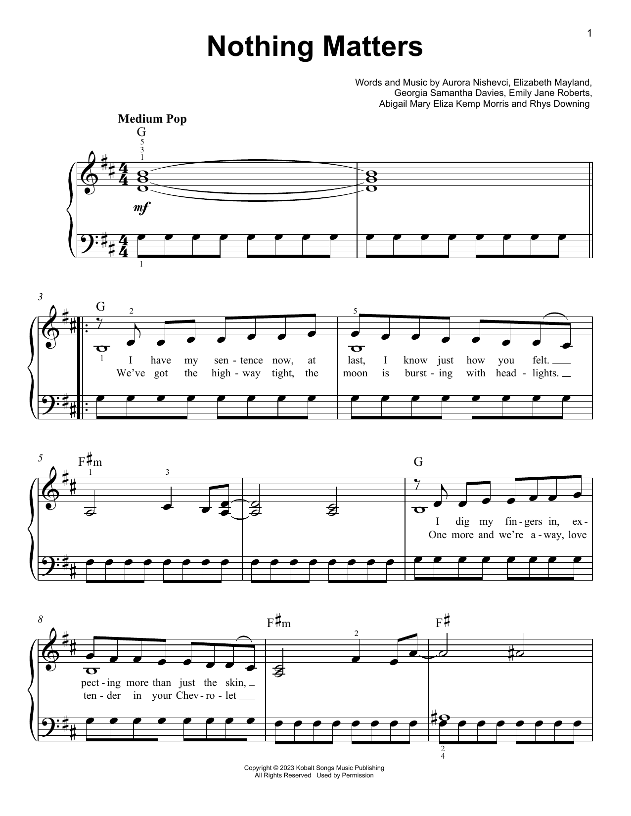 The Last Dinner Party Nothing Matters sheet music notes and chords arranged for Really Easy Piano