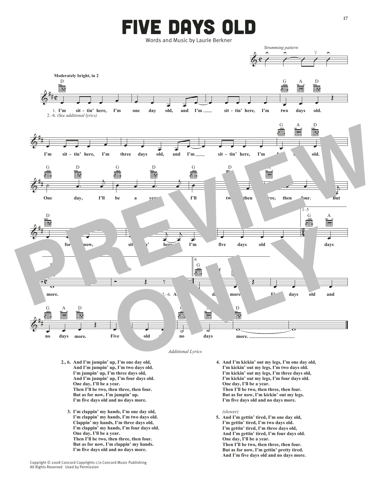 The Laurie Berkner Band Five Days Old sheet music notes and chords arranged for Lead Sheet / Fake Book