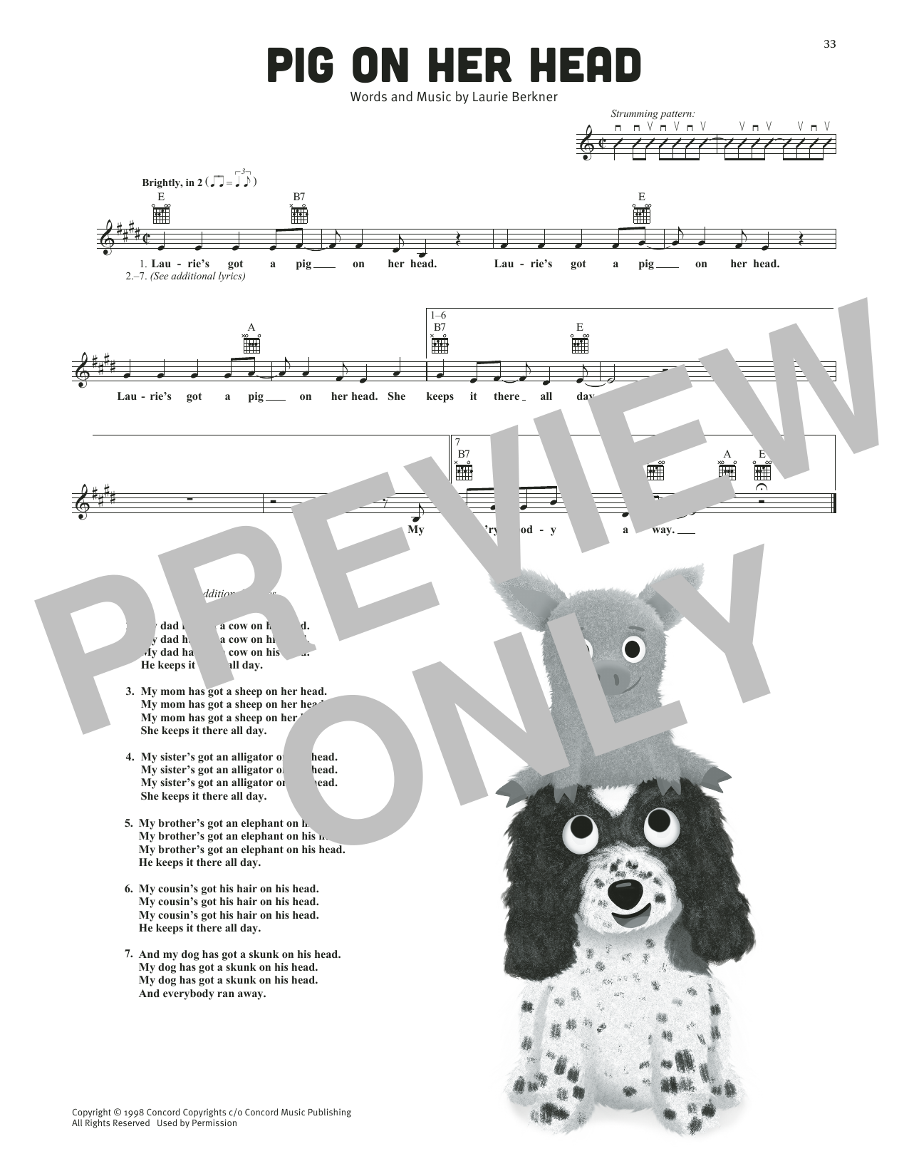 The Laurie Berkner Band Pig On Her Head sheet music notes and chords arranged for Lead Sheet / Fake Book